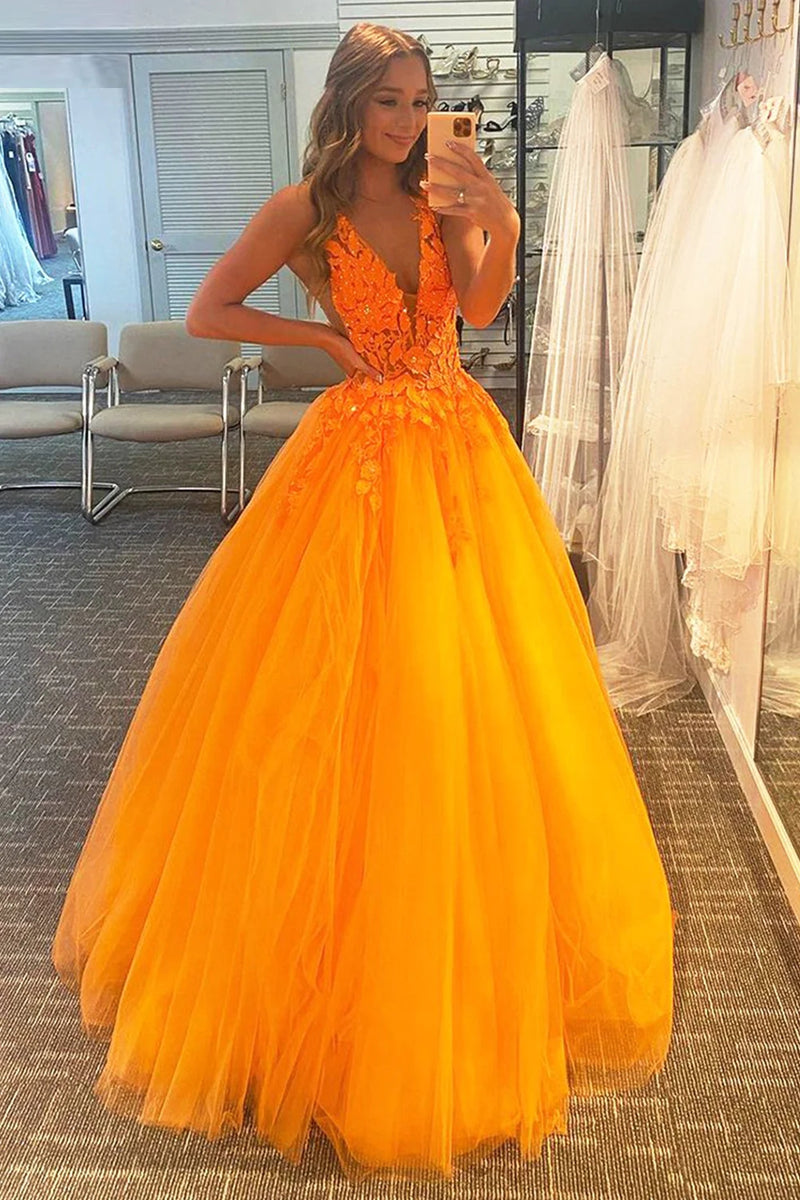 Load image into Gallery viewer, Princess A Line Deep V Neck Blush Long Prom Dress with Appliques