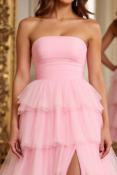 Pink Tiered Tulle A Line Long Prom Dress with Slit