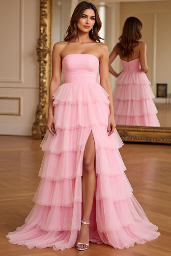 Pink Tiered Tulle A Line Long Prom Dress with Slit