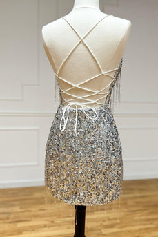 Sparkly Silver Spaghetti Straps Sequined Bodycon Homecoming Dress