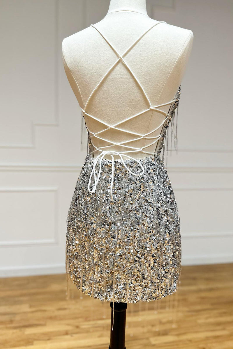 Load image into Gallery viewer, Sparkly Silver Spaghetti Straps Sequined Bodycon Homecoming Dress