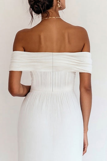 White Off The Shoulder Pleated Chiffon Long Graduation Dress