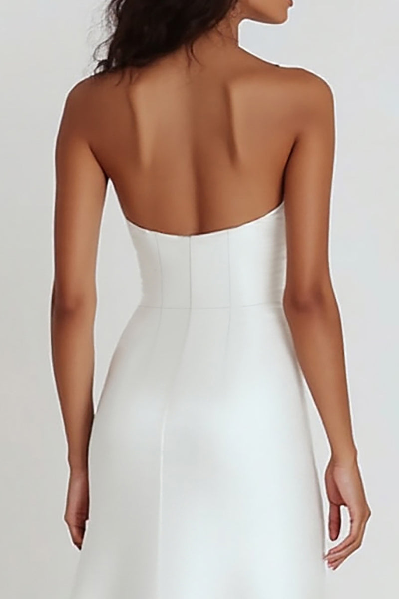 Load image into Gallery viewer, Sheath White Strapless Satin Tea Length Graduation Dress