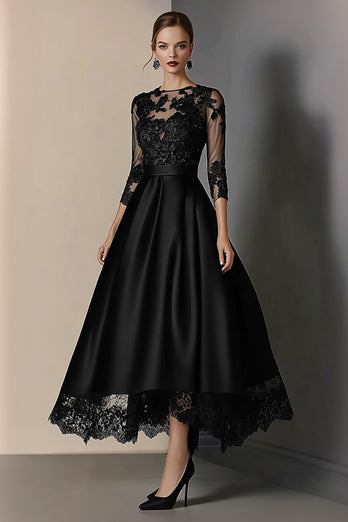 Queendancer Women Elegant Black Satin Mother of the Bride Dress with Lace Appliques Plus Size A Line Scoop Neck 3/4 Sleeves Tea Length Prom Dress