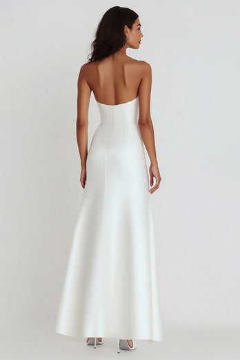 Sheath White Strapless Satin Tea Length Graduation Dress