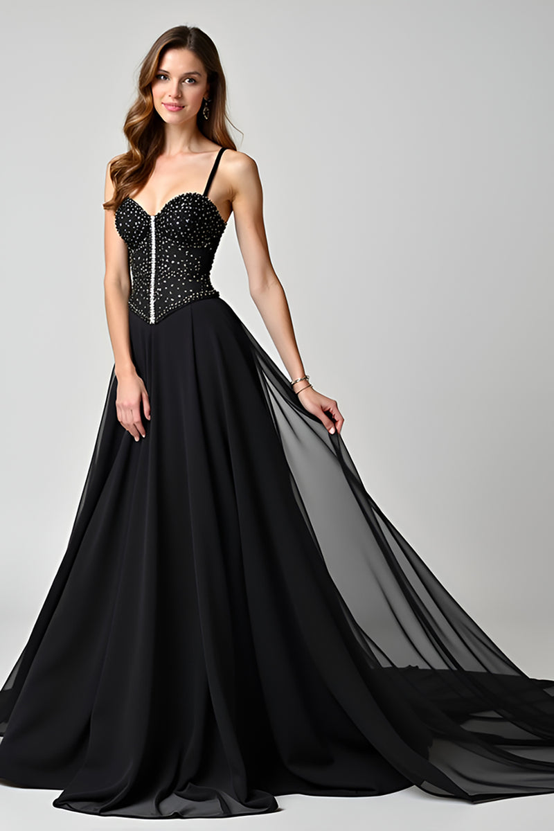 Load image into Gallery viewer, Beaded Black A Line Sweetheart Long Formal Dress