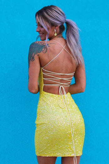 Bodycon Yellow Spaghetti Straps Homecoming Dress with Sequins