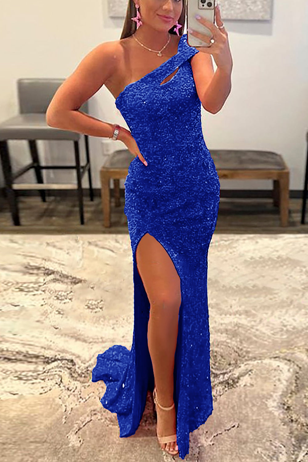 Royal Blue One Shoulder Sequins Prom Dress