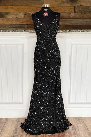 Sheath Spaghetti Straps Dark Green Sequins Prom Dress with Split Front