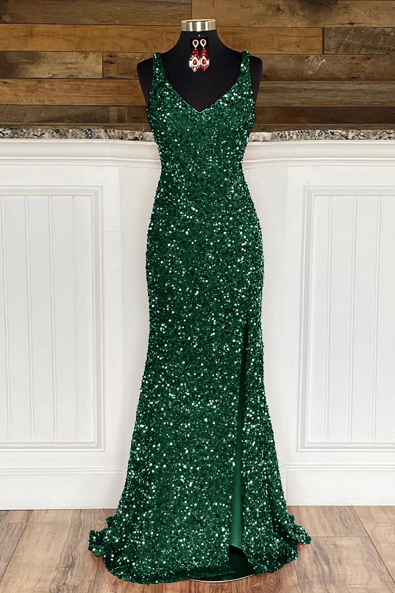 Load image into Gallery viewer, Sheath Spaghetti Straps Dark Green Sequins Prom Dress with Split Front