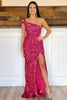 Load image into Gallery viewer, Sheath One Shoulder Fuchsia Sequins Long Prom Dress