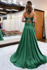 Load image into Gallery viewer, Dark Green Satin A-Line Appliques Prom Dress with Slit