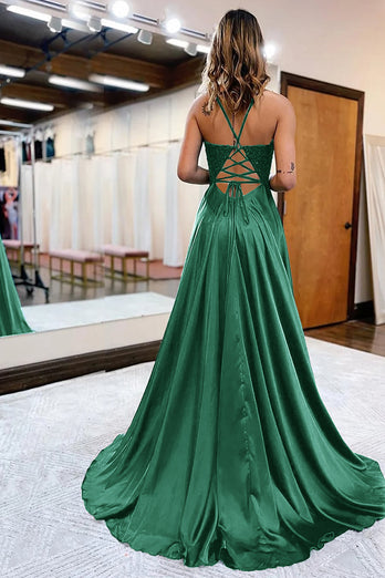 Dark Green Satin A-Line Appliques Prom Dress with Slit