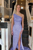Load image into Gallery viewer, Sheath One Shoulder Navy Sequins Long Prom Dress with Split Front