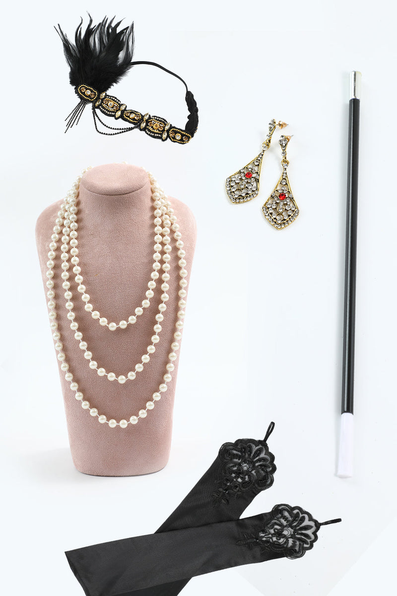 Load image into Gallery viewer, 1920s Flapper Black Golden Five Pieces Accessories Set