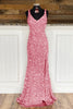 Load image into Gallery viewer, Sheath Spaghetti Straps Red Sequins Prom Dress with Split Front