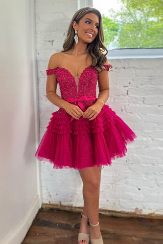 Fuchsia A-Line Off The Shoulder Homecoming Dress With Belt