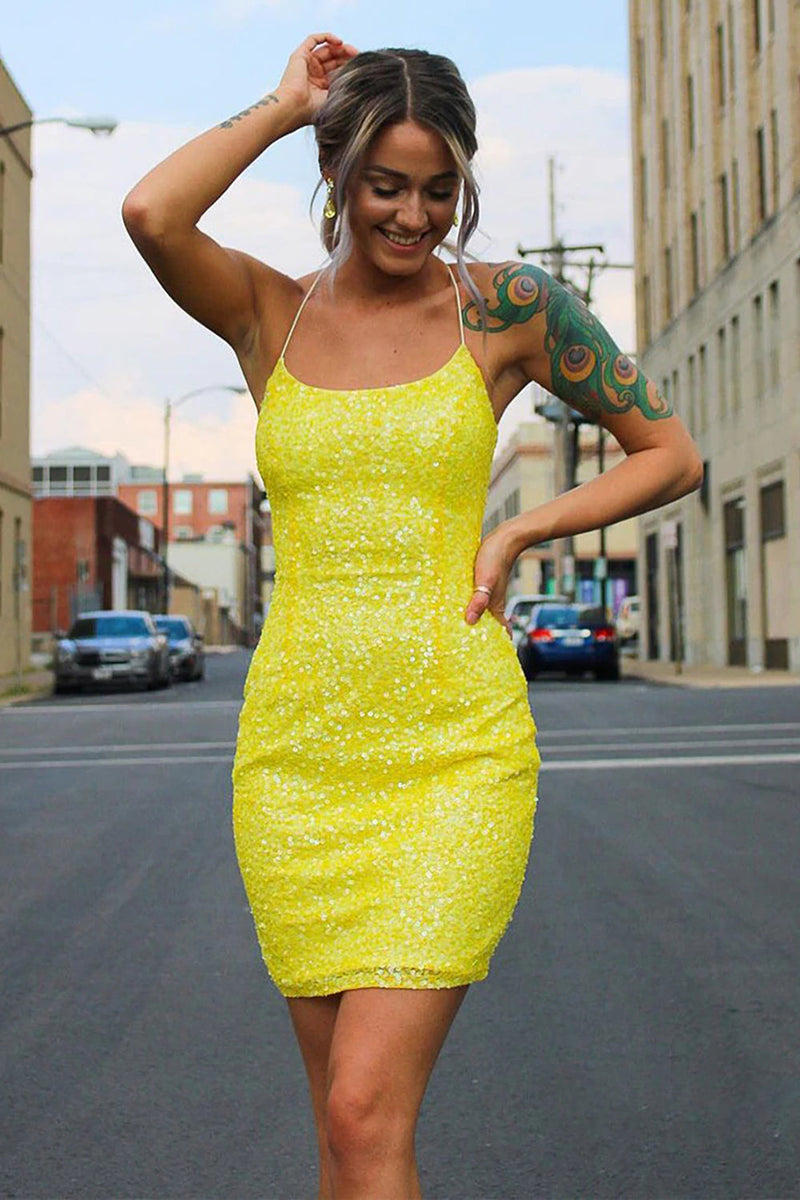 Load image into Gallery viewer, Bodycon Yellow Spaghetti Straps Homecoming Dress with Sequins