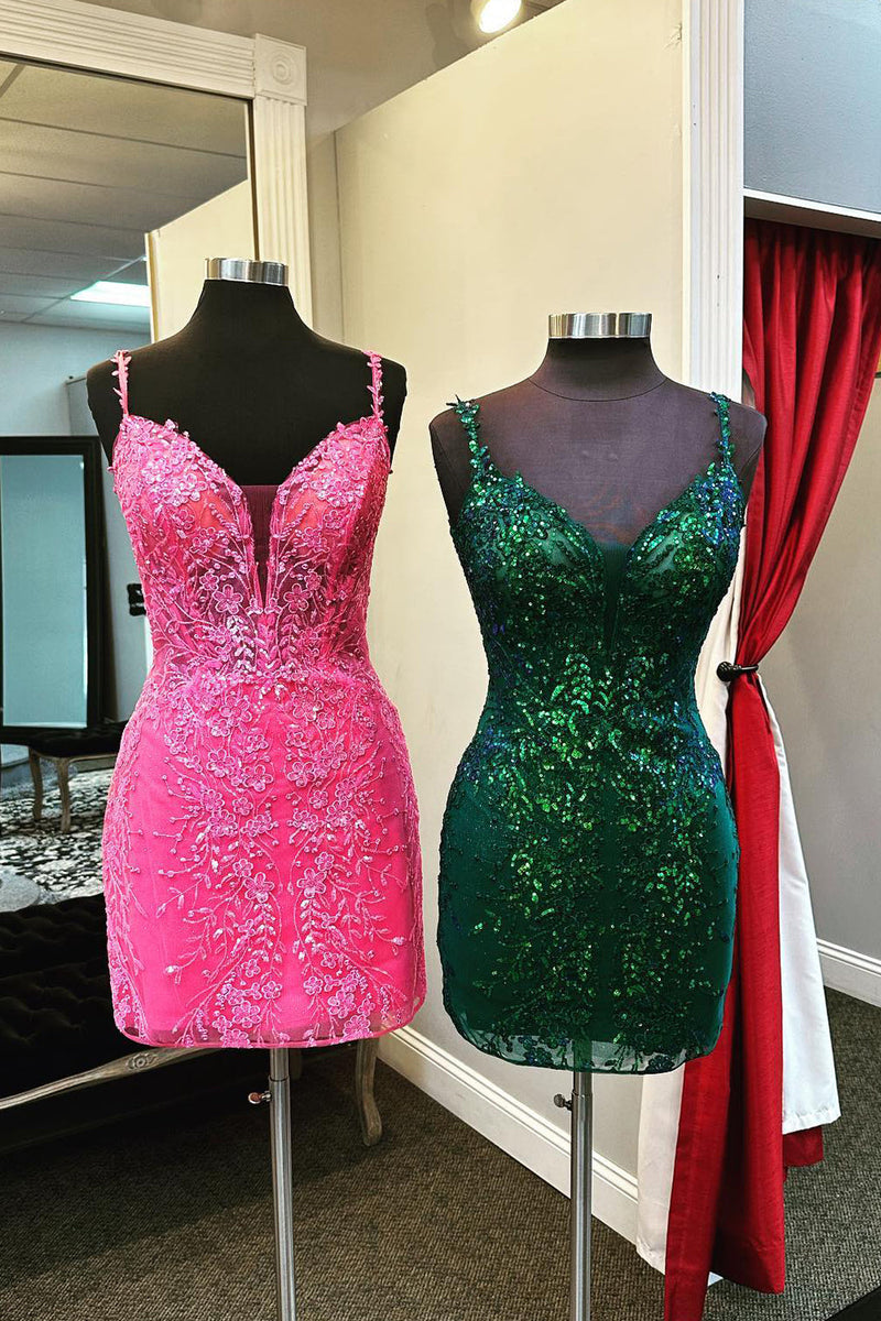 Load image into Gallery viewer, Sparkly Dark Green Spaghetti Straps Tight Homecoming Dress with Sequins