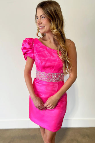 Sparkly Fuchsia One Shoulder Bodycon Homecoming Dress with Beading