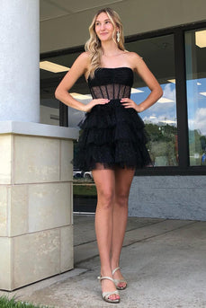 Glitter Black A-Line Corset Tiered Tulle Homecoming Dress