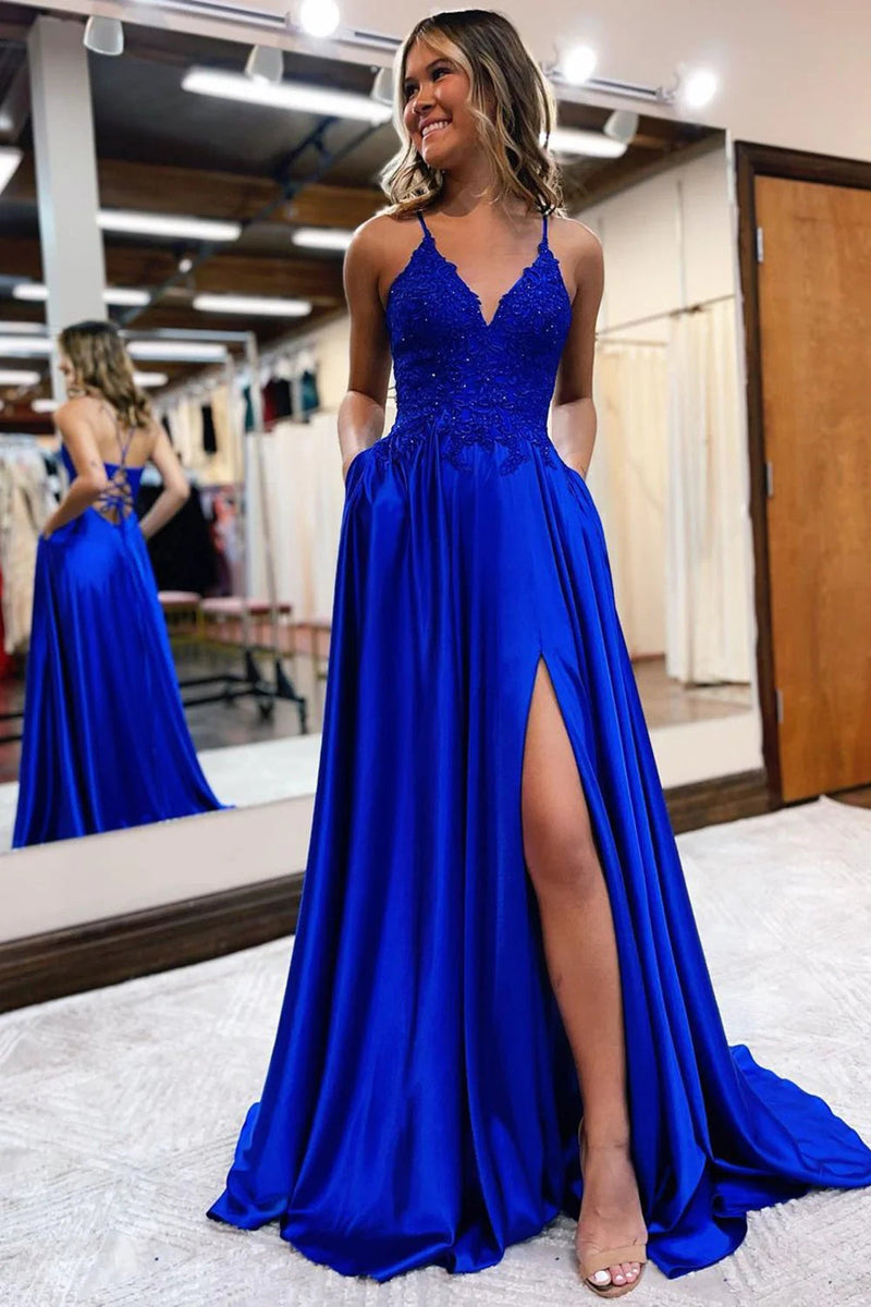 Load image into Gallery viewer, Royal Blue Satin A-Line Appliques Prom Dress with Slit