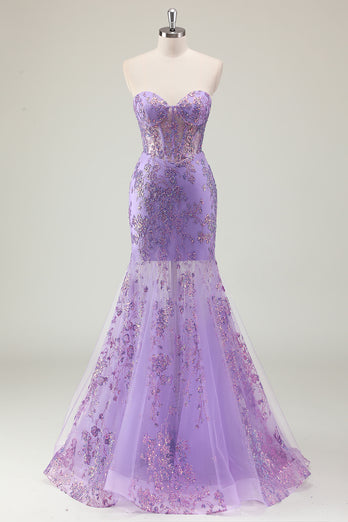 Sparkly Purple Corset Strapless Prom Dress with Appliques