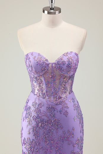 Sparkly Purple Corset Strapless Prom Dress with Appliques