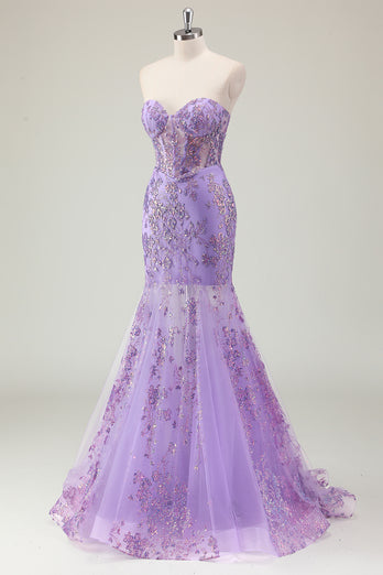 Sparkly Purple Corset Strapless Prom Dress with Appliques