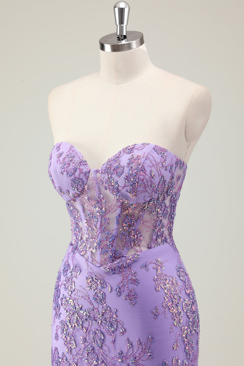 Load image into Gallery viewer, Sparkly Purple Corset Strapless Prom Dress with Appliques