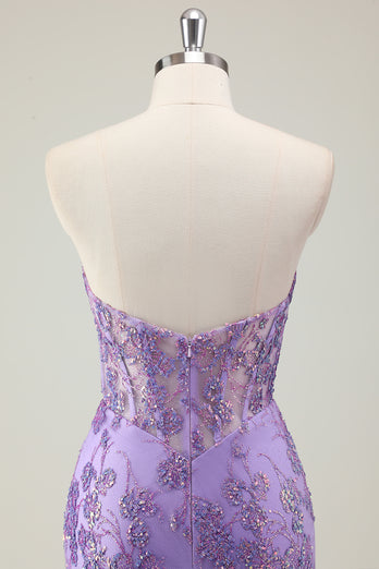 Sparkly Purple Corset Strapless Prom Dress with Appliques