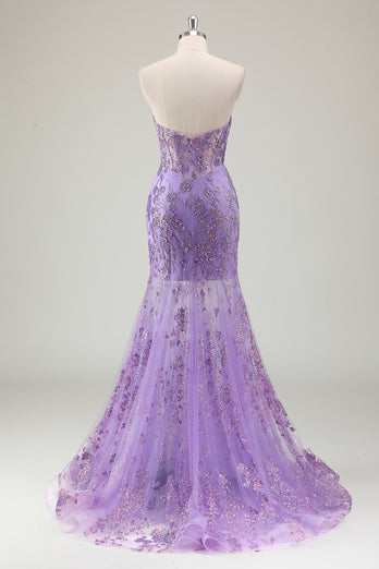 Sparkly Purple Corset Strapless Prom Dress with Appliques