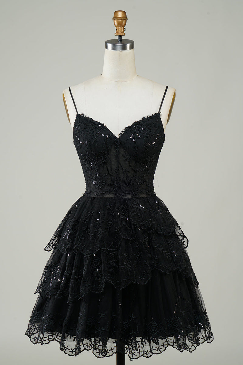 Load image into Gallery viewer, Sparkly Navy Spaghetti Straps Sequins Short Homecoming Dress
