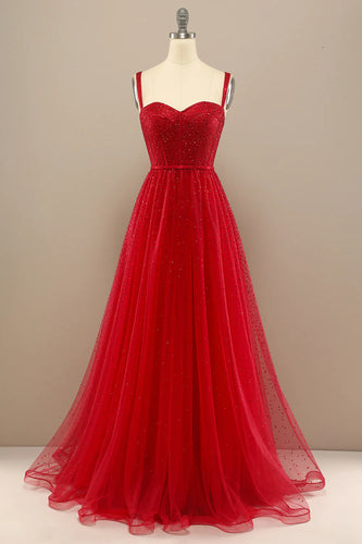 Beautiful Red A Line Tulle Sweetheart Prom Dress with Beading