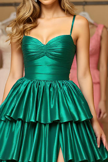 Dark Green A Line Tiered Long Satin Prom Dress with Slit