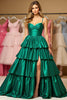 Load image into Gallery viewer, Dark Green A Line Tiered Long Satin Prom Dress with Slit