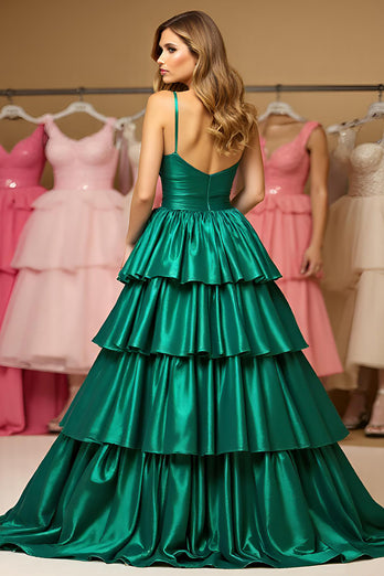 Dark Green A Line Tiered Long Satin Prom Dress with Slit