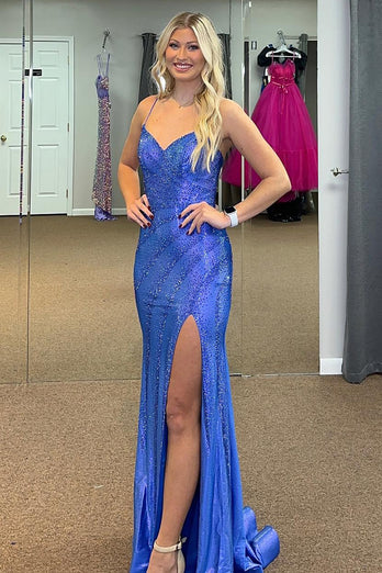 Glitter Royal Blue Mermaid Long Prom Dress With Slit