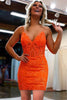 Load image into Gallery viewer, Sparkly Sheath Spaghetti Straps Orange Sequins Corset Homecoming Dress
