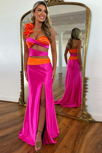 Fuchsia Satin One Shoulder Sheath Long Prom Dress with Slit