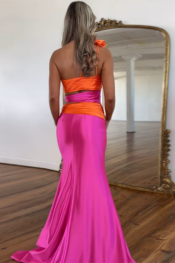 Fuchsia Satin One Shoulder Sheath Long Prom Dress with Slit