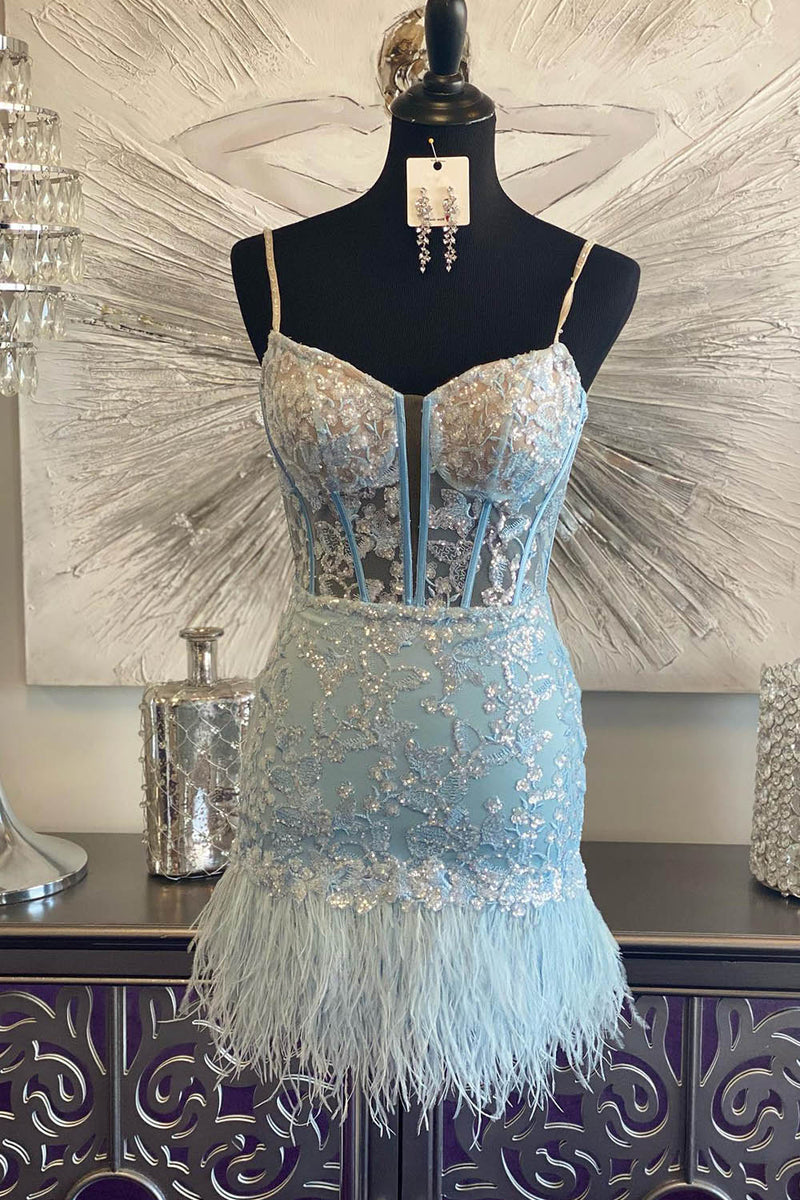 Load image into Gallery viewer, Light Blue Spaghetti Straps Tight Homecoming Dress with Feather
