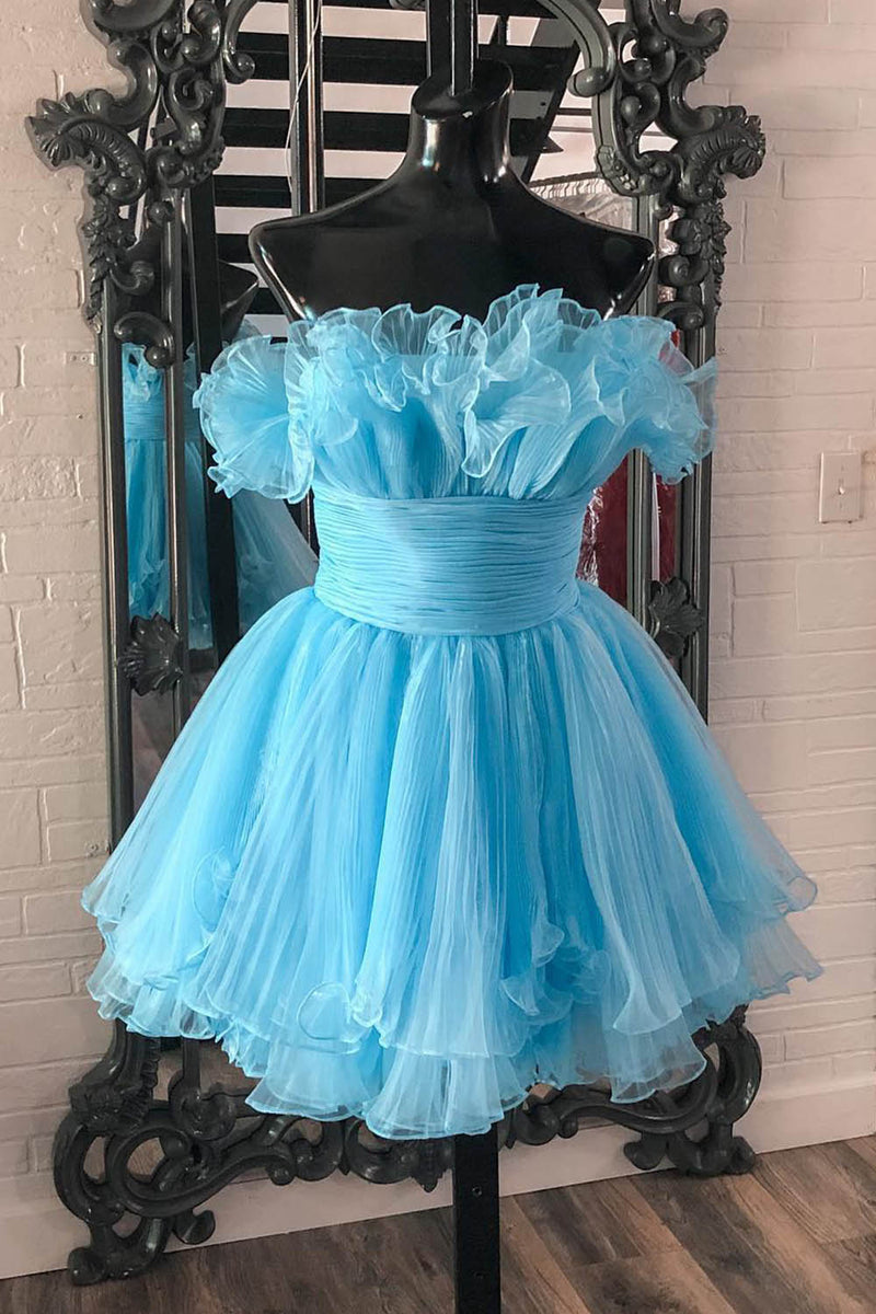 Load image into Gallery viewer, Blue A-Line Strapless Tulle Homecoming Dress with Ruffles