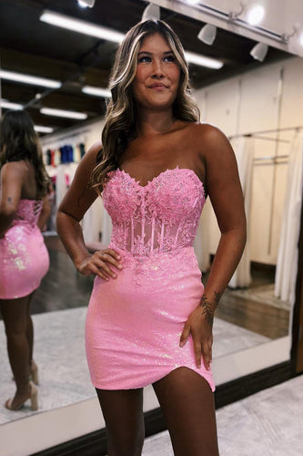 Sparkly Pink Sweetheart Corset Sequined Homecoming Dress with Lace