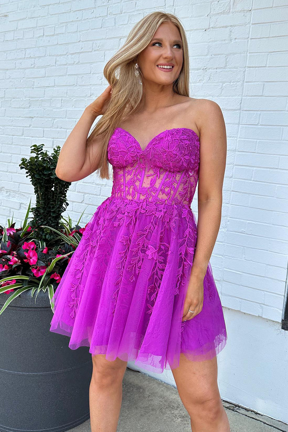 Sparkly A-Line Fuchsia Sweetheart Corset Homecoming Dress with Lace