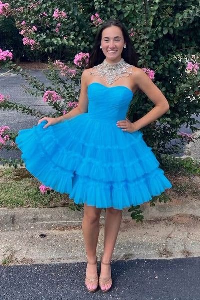 Blue A-Line Sweetheart Tulle Tiered Corset Short Homecoming Dress