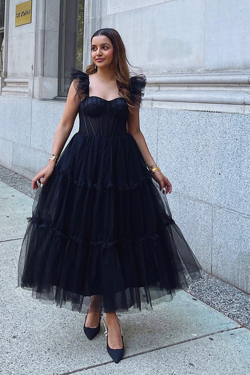 Load image into Gallery viewer, Black A-Line Sweetheart Tulle Sweetheart Prom Dress