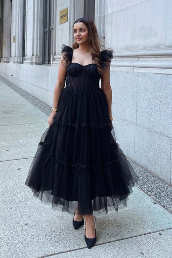 Black A-Line Sweetheart Tulle Sweetheart Prom Dress