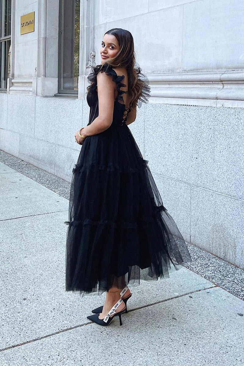 Load image into Gallery viewer, Black A-Line Sweetheart Tulle Sweetheart Prom Dress