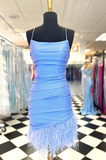 Glitter Light Blue Spaghetti Straps Bodycon Homecoming Dress with Feathers